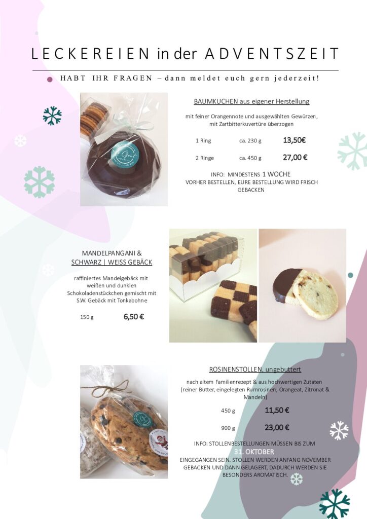 Leckereien in der Adventszeit, Weihnachtsgeschenke & Bestellinfos